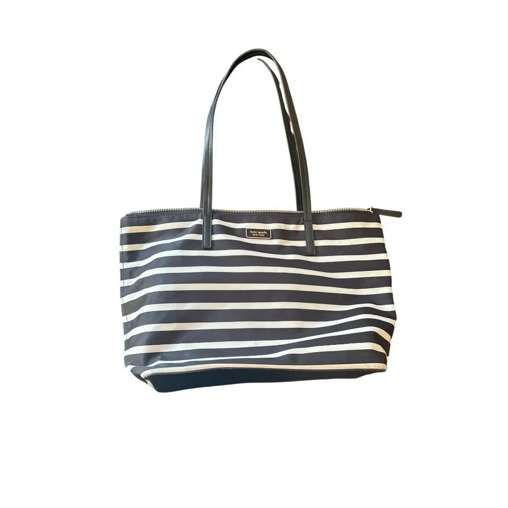 Kate‎ Spade New York Black & White Striped Tote Bag Leather Handles Zip Closure